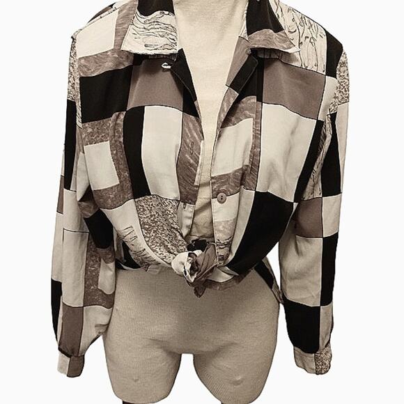 Y2K Silky Blouse Sz 10 Abstract Colorblock Patchwork Geo Button up Office Career - Picture 7 of 13